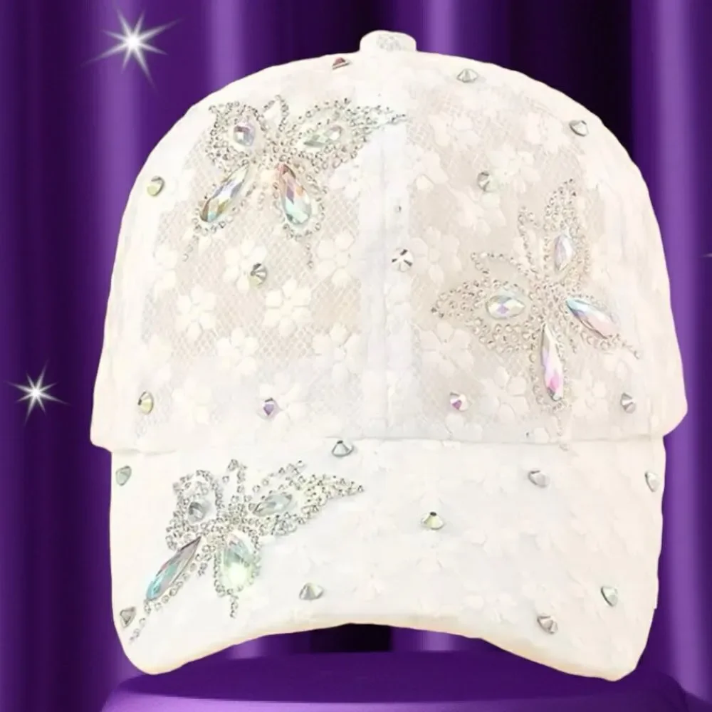 WHITE‎ LACE WITH RHINESTONE BUTTERFLIES BASEBALL CAP